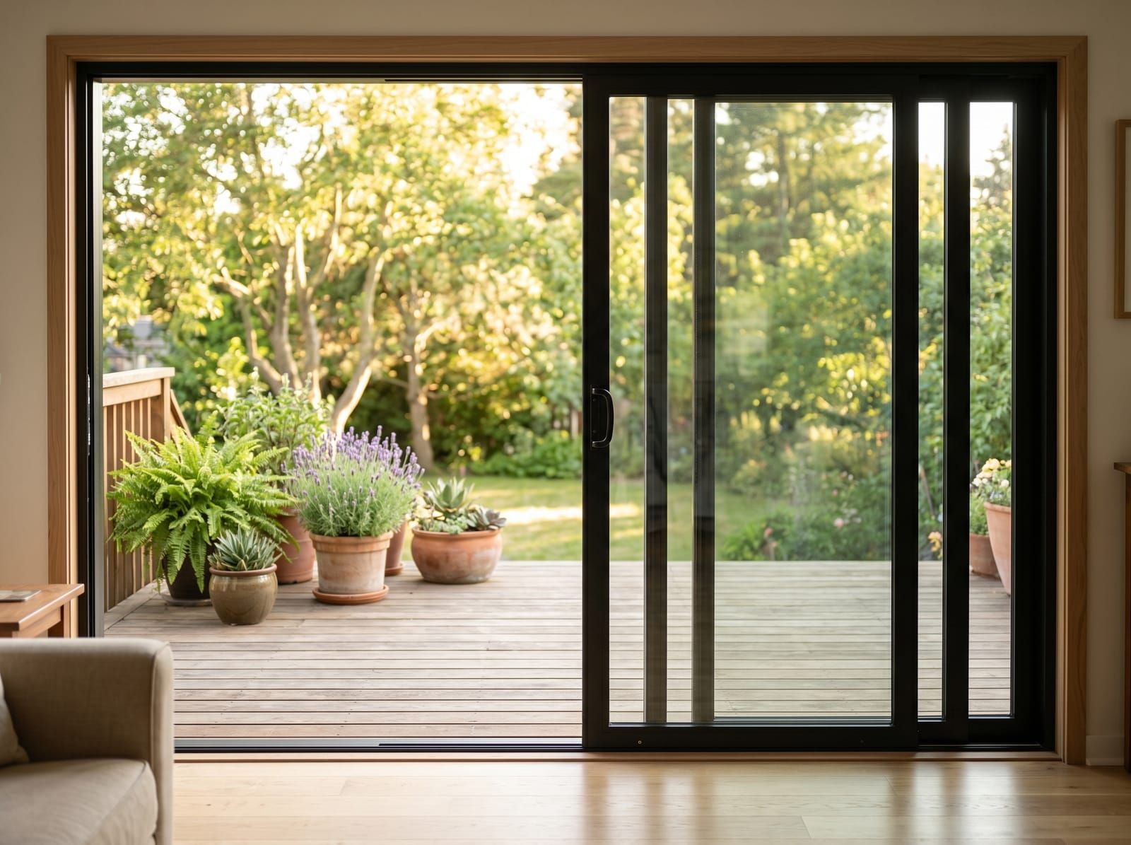 Black-frame sliding glass patio door open from a Saint Louis family room onto a wood deck with potted plants