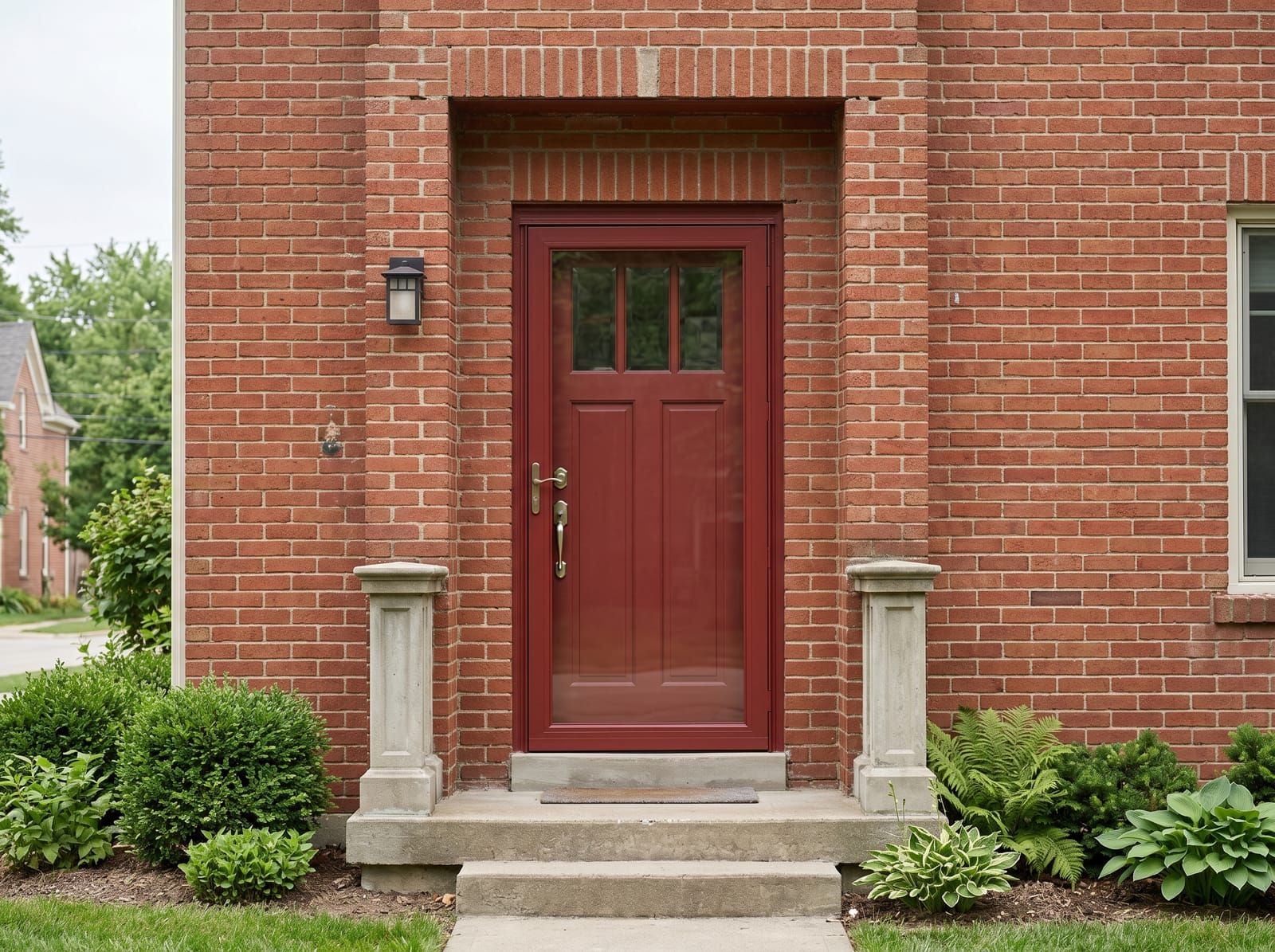 Full-view glass storm door installed over a navy main entry door on the brick porch of a Saint Louis craftsman home