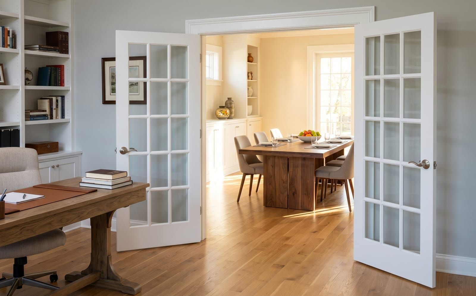 Interior French door pair separating a home office from a dining room