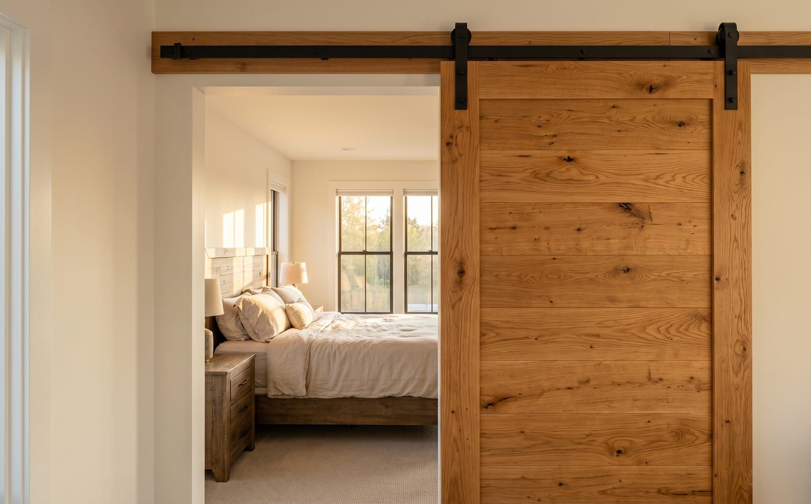 Reclaimed-wood barn door on a black track revealing a primary bedroom