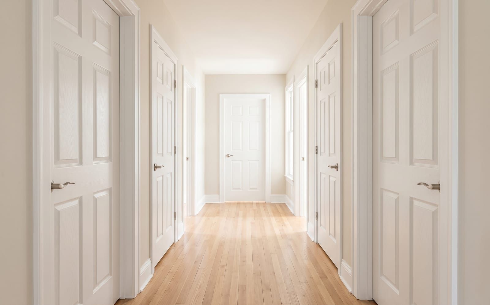 Hallway with multiple white 6-panel interior doors